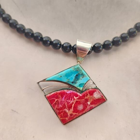 Jay King DTR Necklace Sterling Silver Inlay Turquoise Pendant Black Onyx Beaded - Picture 5 of 9